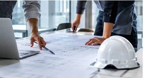 Architects reviewing printed floor plans beside a laptop