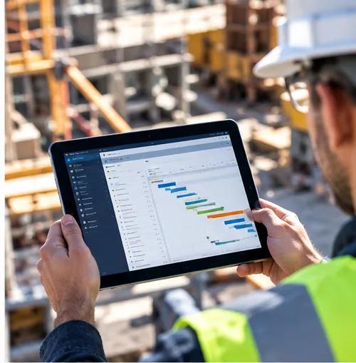 Construction superintendent reviewing a project schedule on a tablet at a jobsite