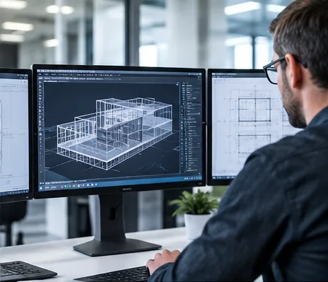 Engineer reviewing a 3D building model on a dual-monitor workstation