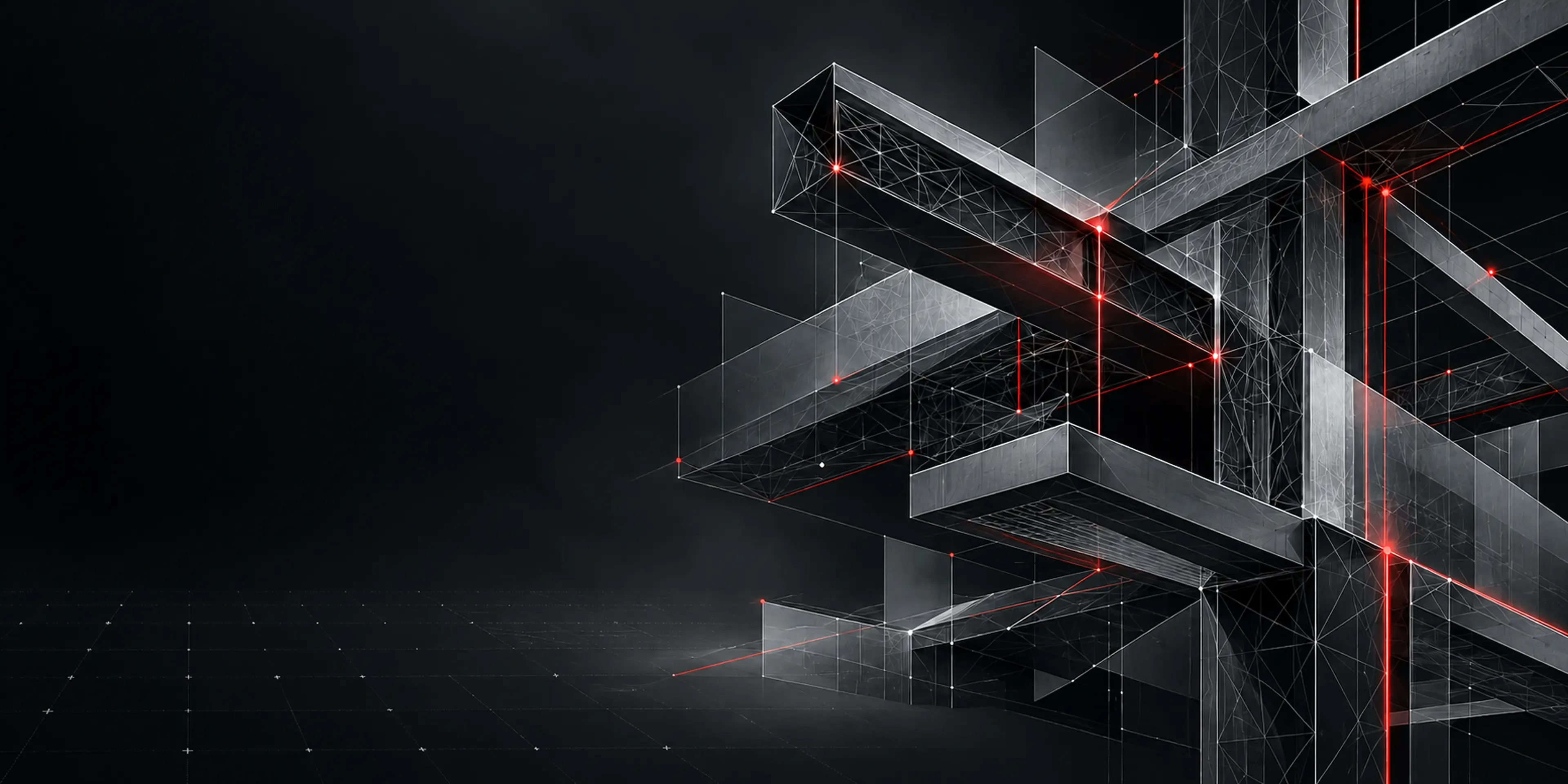 Abstract wireframe rendering of a building structure connected by a glowing red digital network