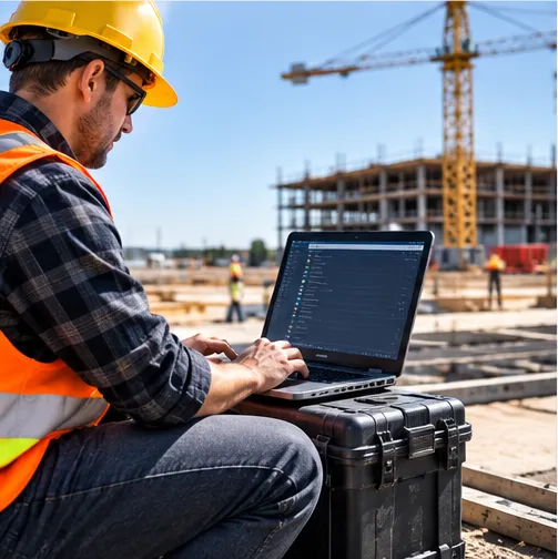 Construction worker in a hi-vis vest using a laptop balanced on a case at a jobsite