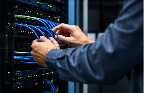 Technician connecting network cables into a rack of switches