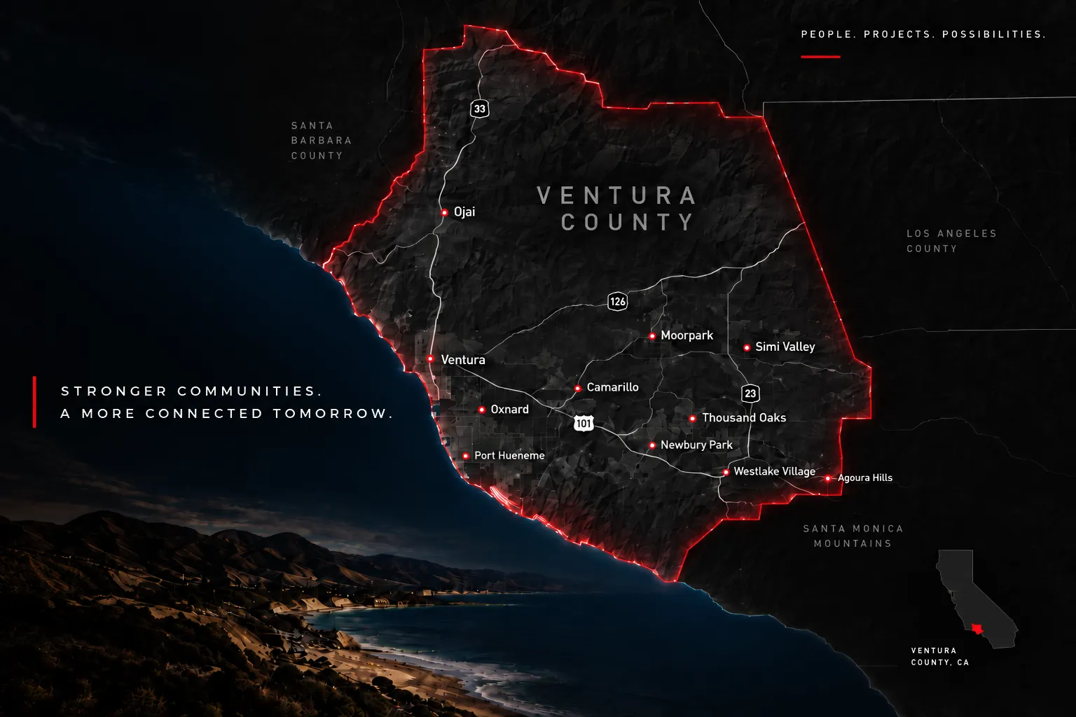 Map of Ventura County, California with its cities highlighted, from Ojai and Ventura on the coast to Moorpark, Simi Valley, Thousand Oaks and Agoura Hills inland